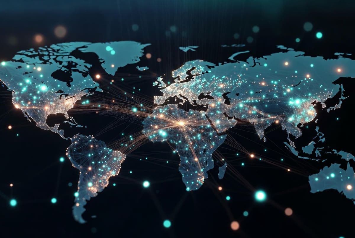 Abstract network of distributed computing nodes connected to a central hub, weights flowing inward and models flowing outward across a global map