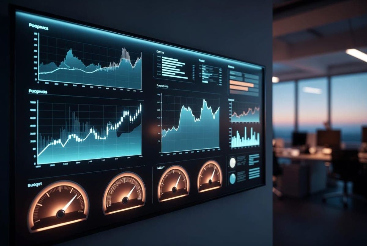 A corporate dashboard screen displaying rising usage charts and budget meters in a dim office