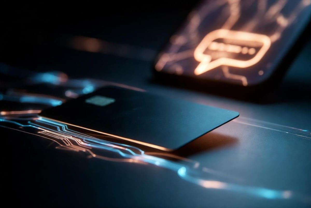 A physical credit card resting on a smartphone displaying an AI chat interface, suggesting spending converted into AI compute