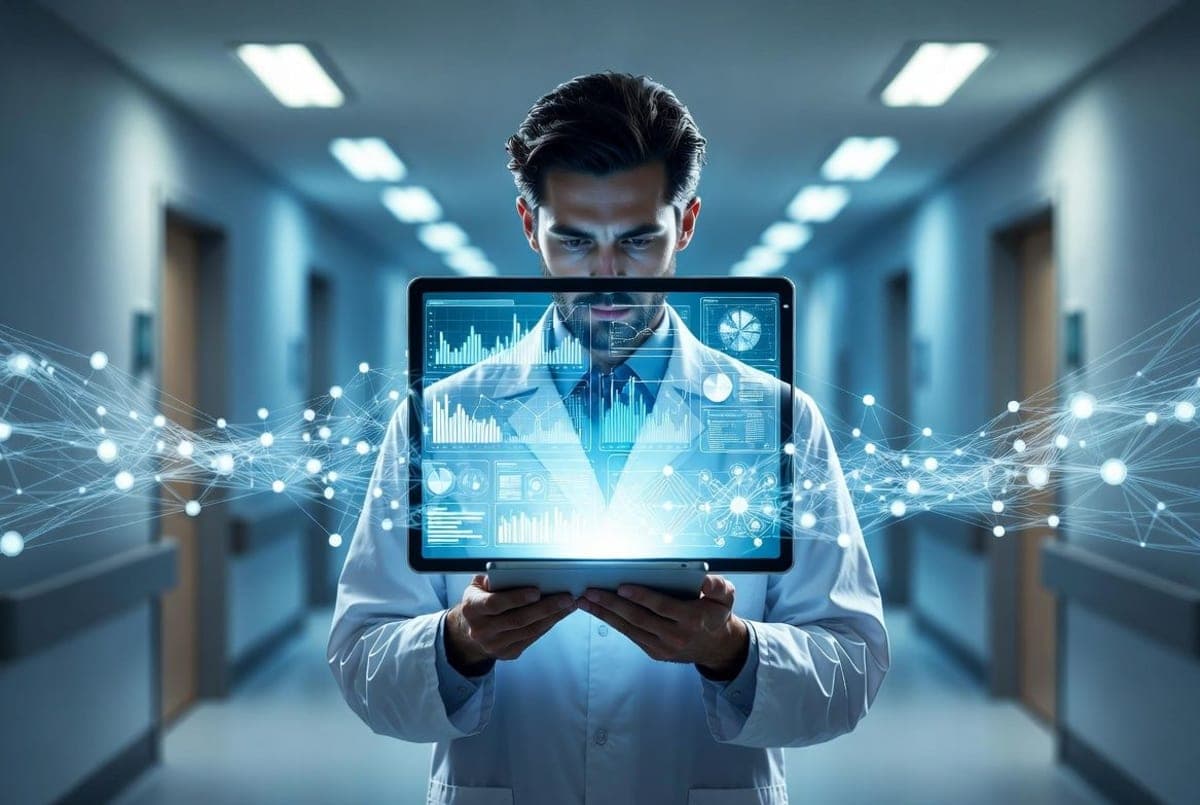 A physician reviewing medical information on a tablet in a clinical setting, with abstract data visualization overlaid