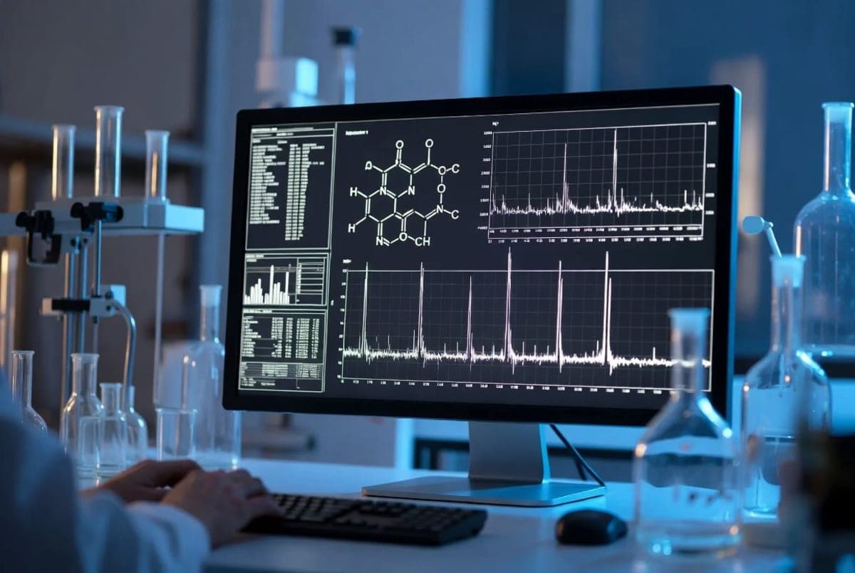 A chemist comparing a molecular structure diagram against an NMR spectrum readout on a laboratory monitor