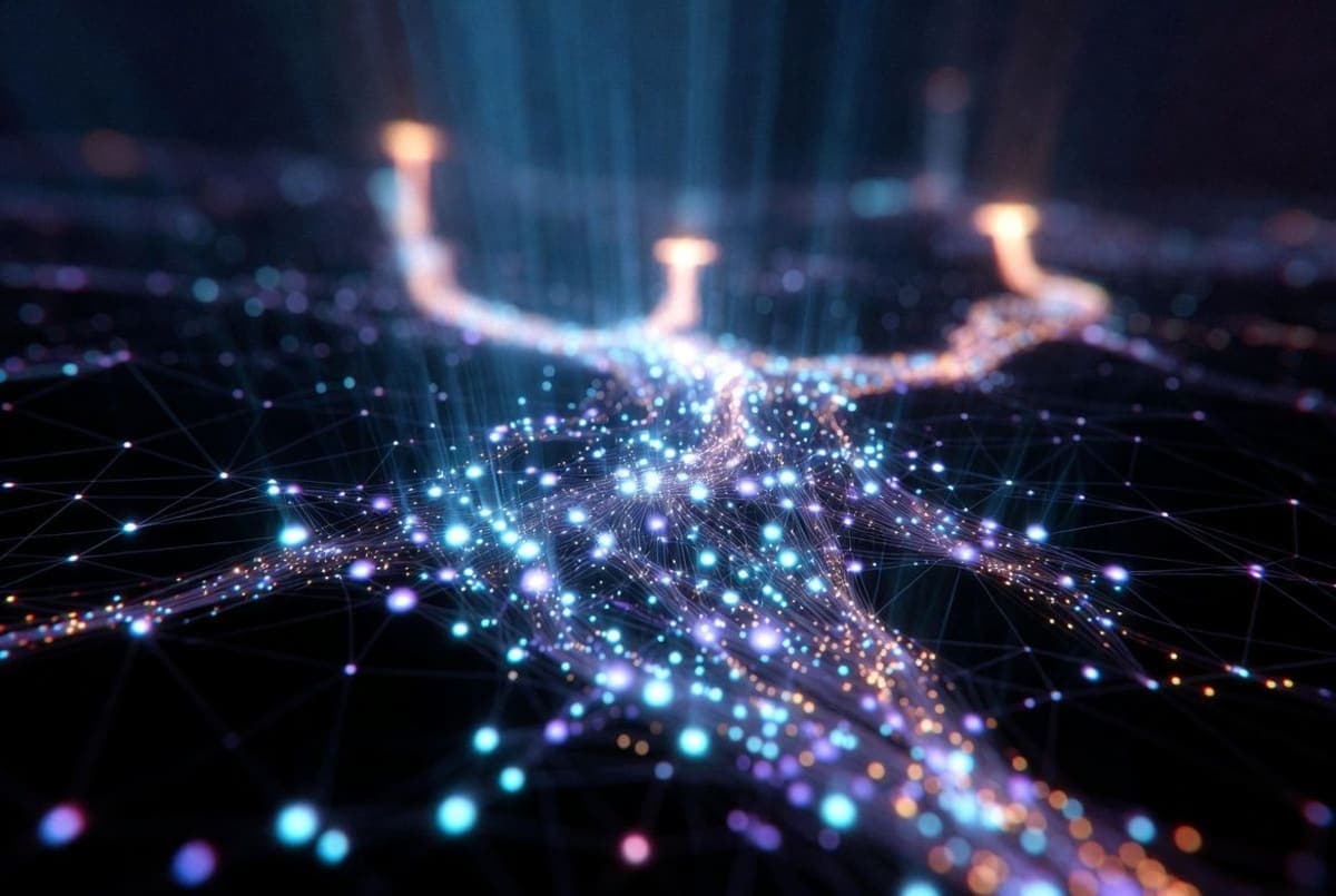Abstract network of glowing interconnected nodes representing artificial intelligence systems scaling upward against a dark gradient background