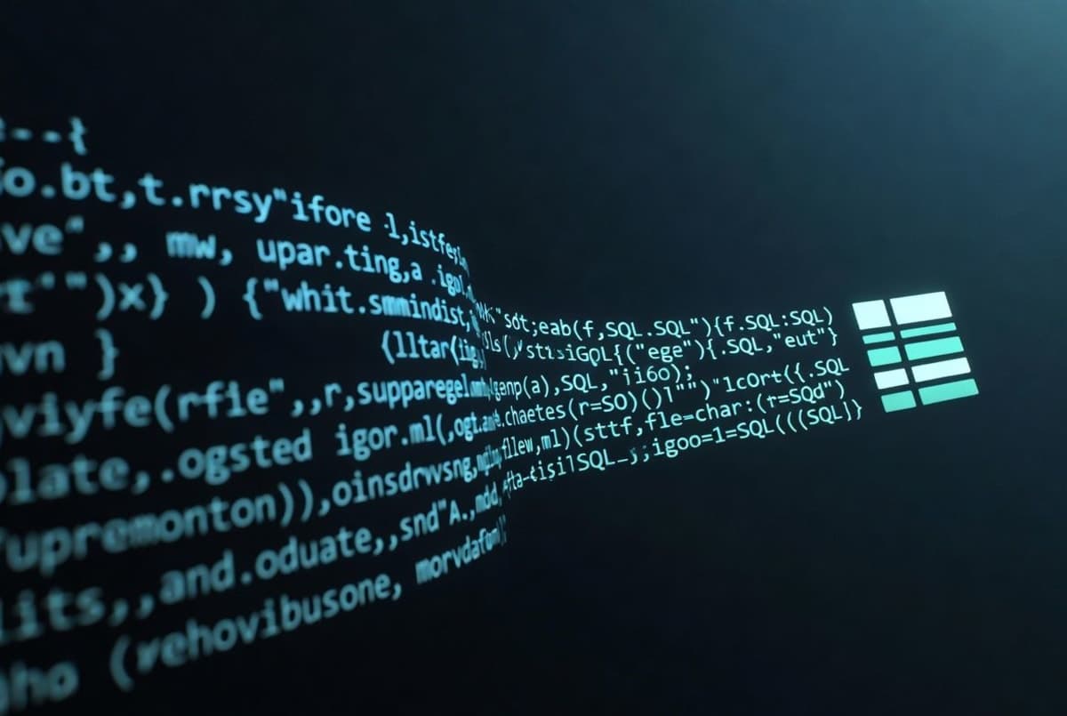 Abstract visualization of a natural language question transforming into database query code on a dark screen