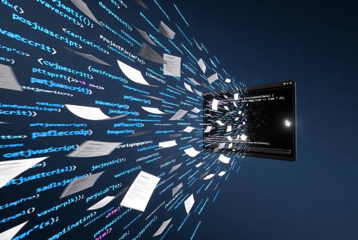 Abstract visualization of an expanding data context window flowing through a coding interface