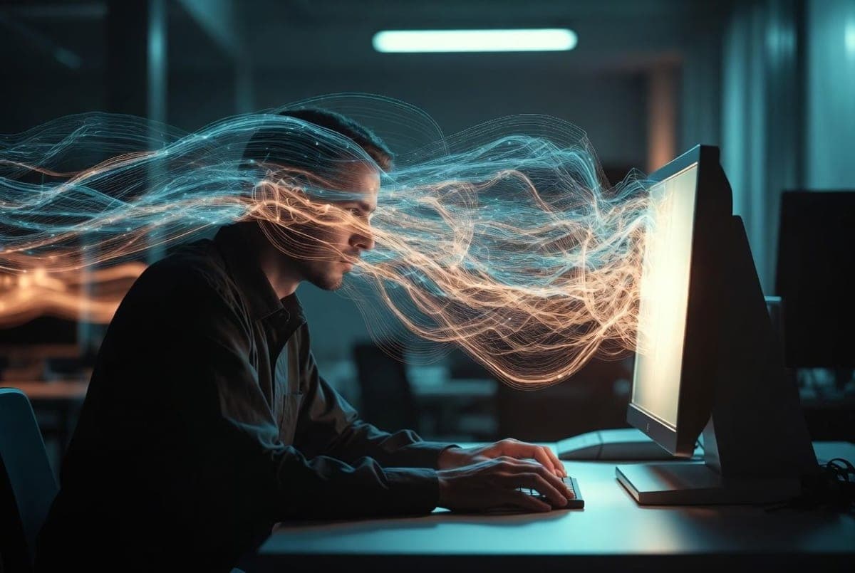A person directing an AI coding agent at a terminal, planning decisions flowing from human to machine