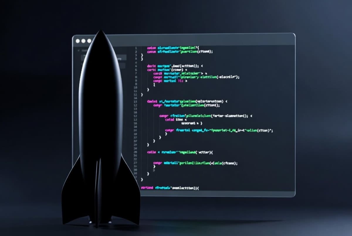 Abstract visualization of a rocket company merging with a software coding interface, dark editorial tone