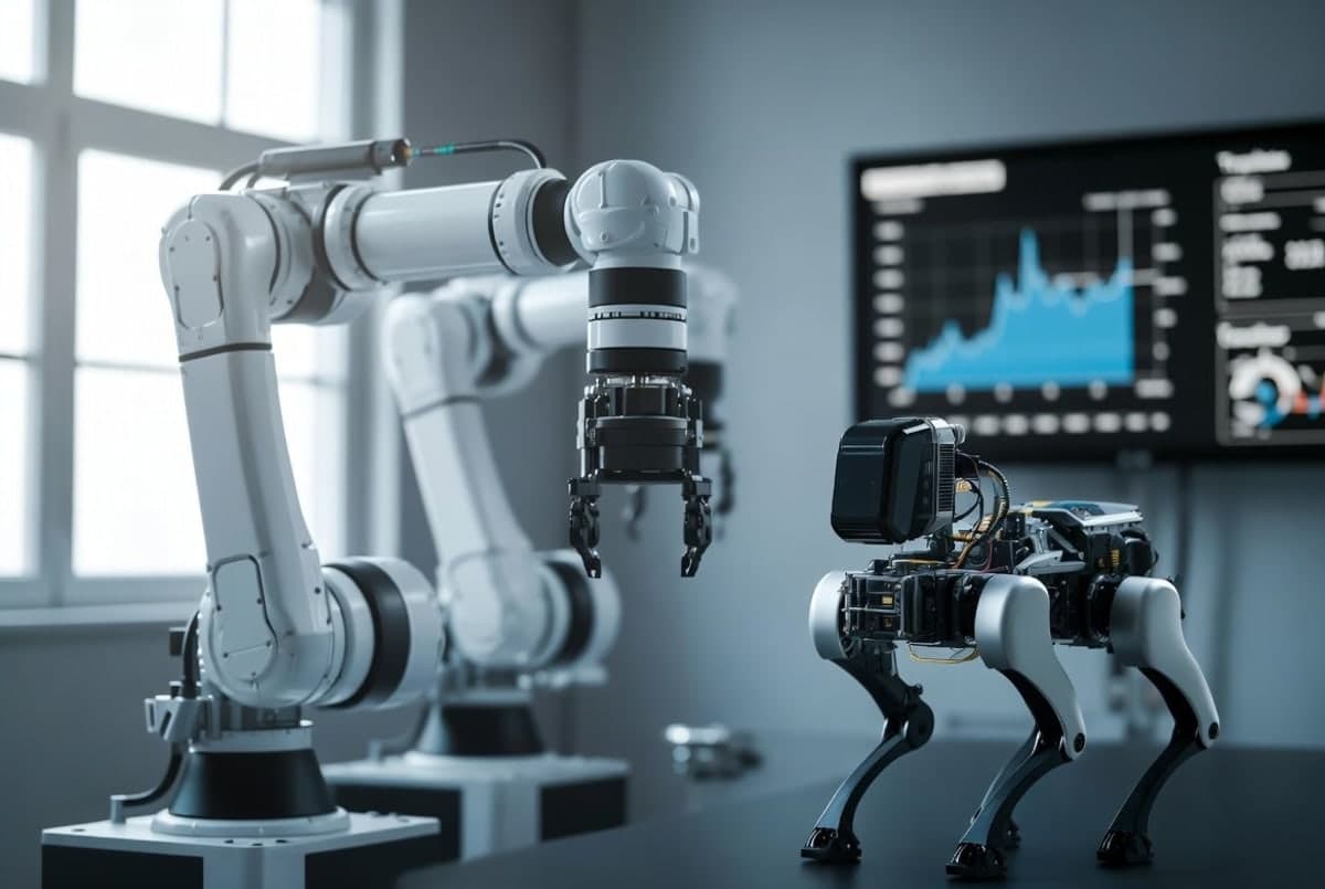 A robotic arm and a quadruped robot in an industrial test lab, with a screen displaying navigation and manipulation data