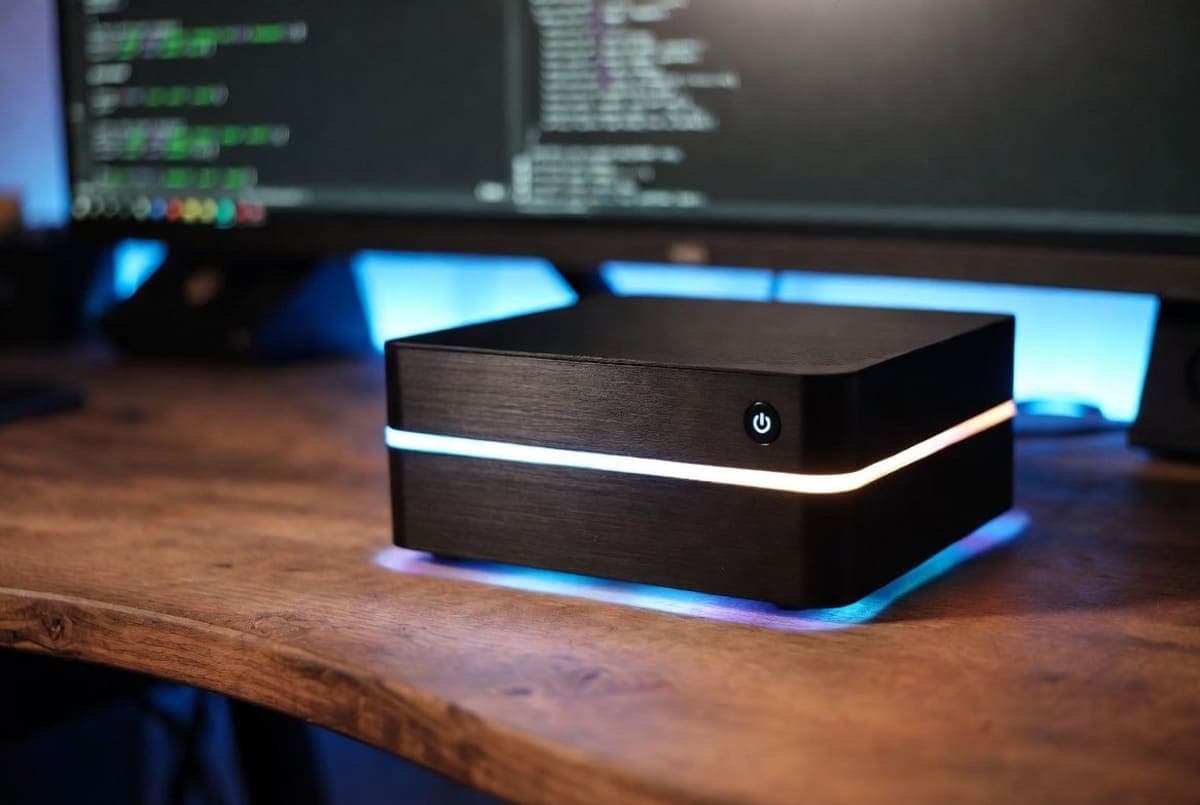 Compact AMD Ryzen AI Halo mini PC on a desk running a local large language model