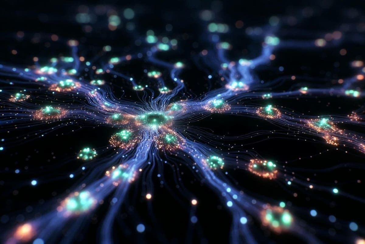 Abstract visualization of a branching tree-search algorithm exploring multiple reasoning paths across a dark interface