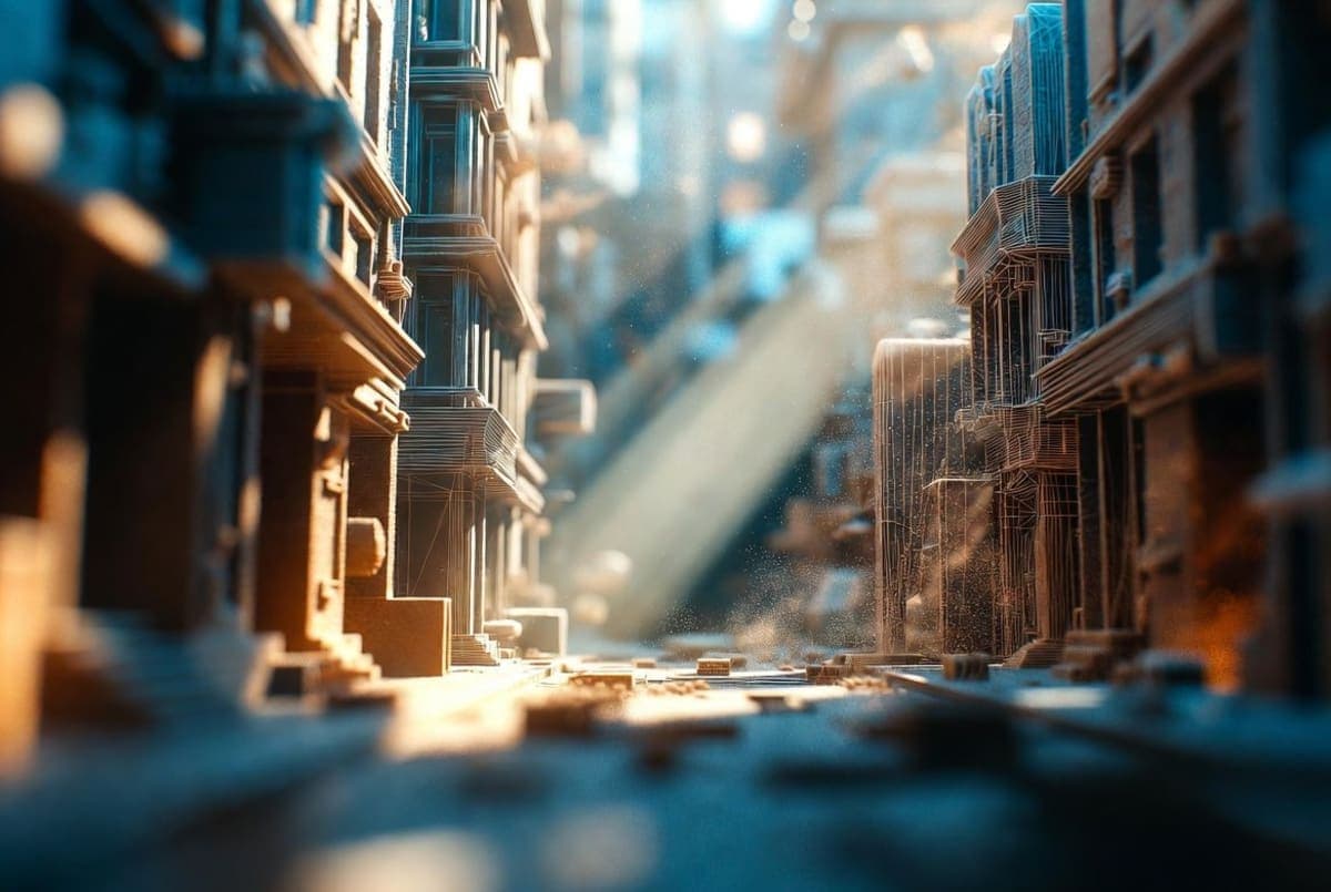 Abstract 3D simulation of a city environment rendered with physics-based lighting and motion