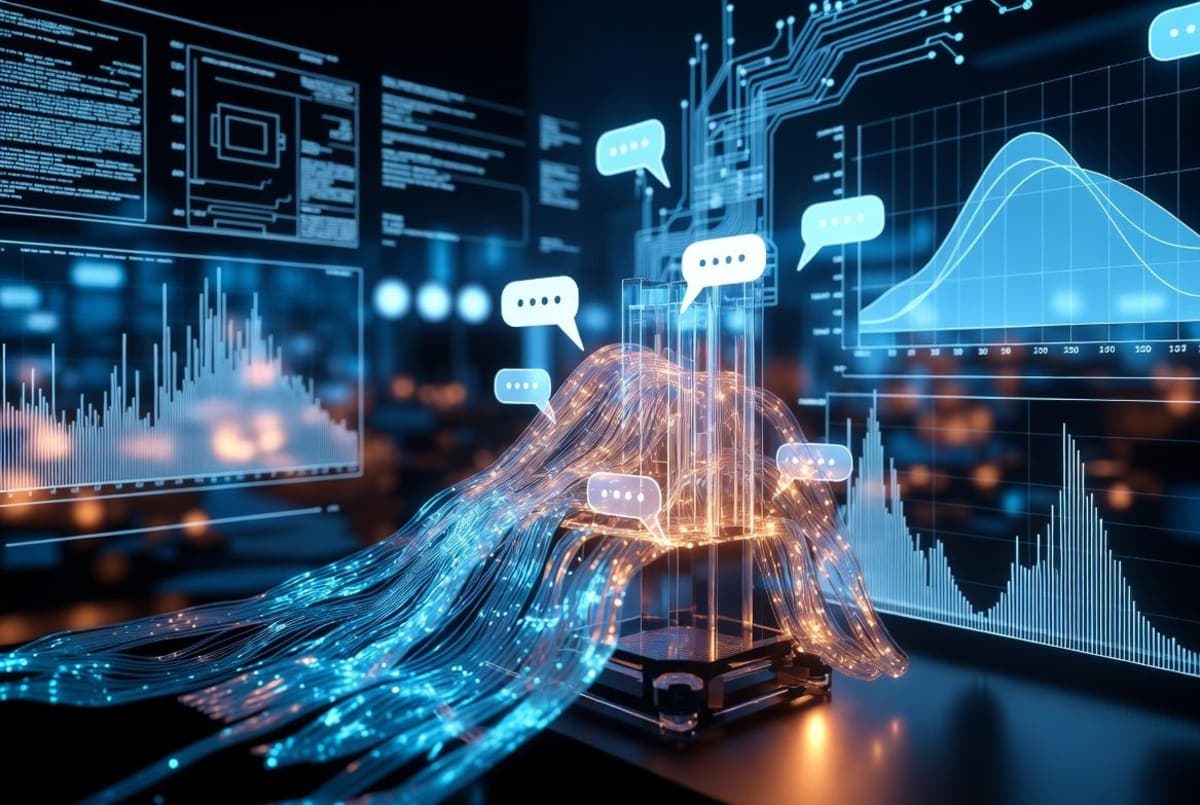 Abstract visualization of conversational data streams flowing through a testing pipeline before reaching users