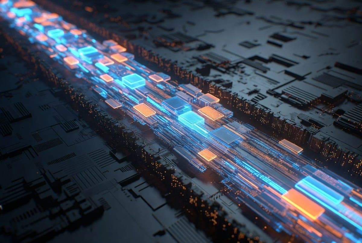 Abstract visualization of parallel data tiles flowing through a GPU processor with safety-checkpoint barriers