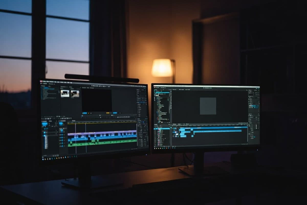 A creative professional's workstation with multiple editing applications open across dual monitors, an AI assistant panel active on screen