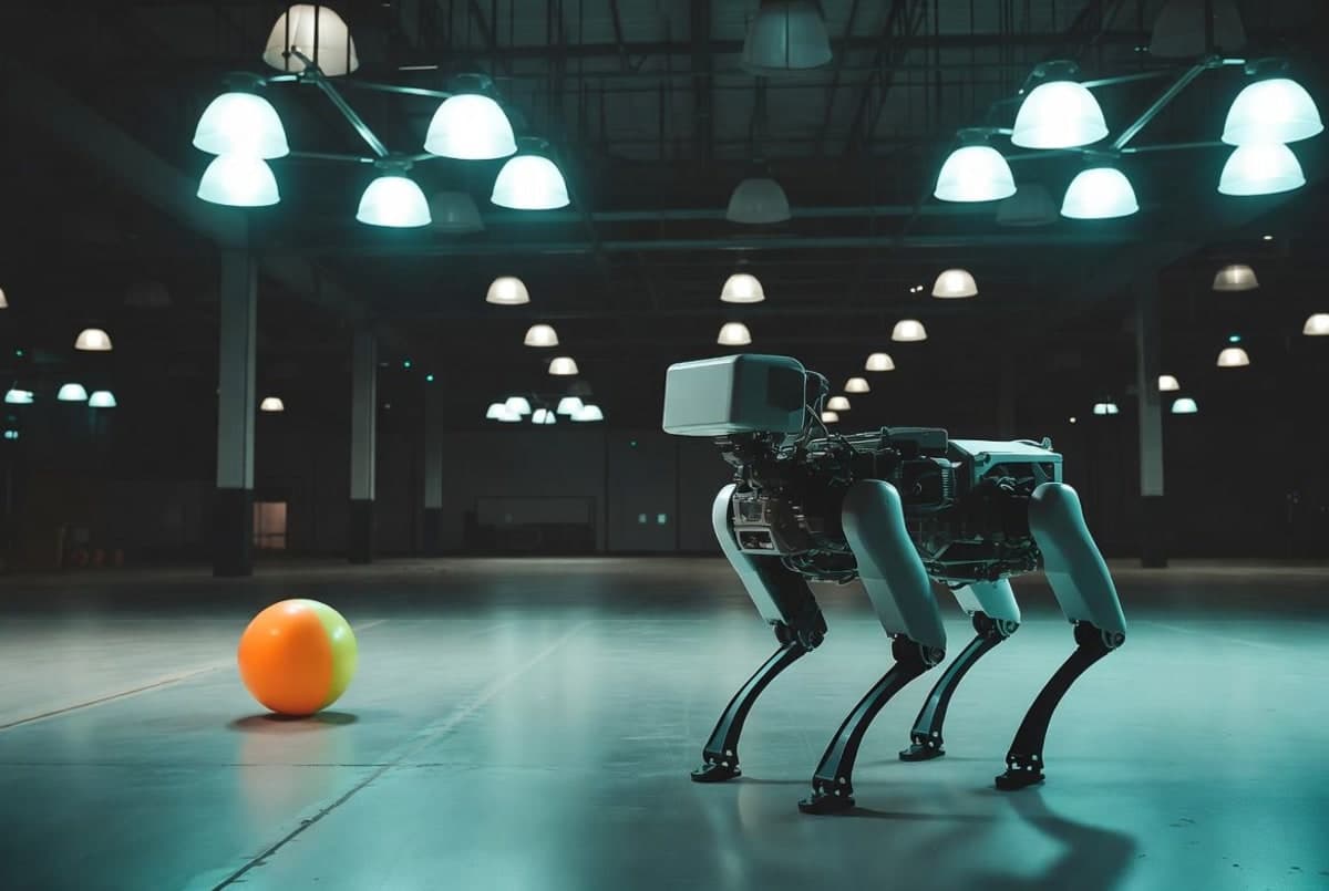 A four-legged robotic quadruped standing on a warehouse floor near a beach ball