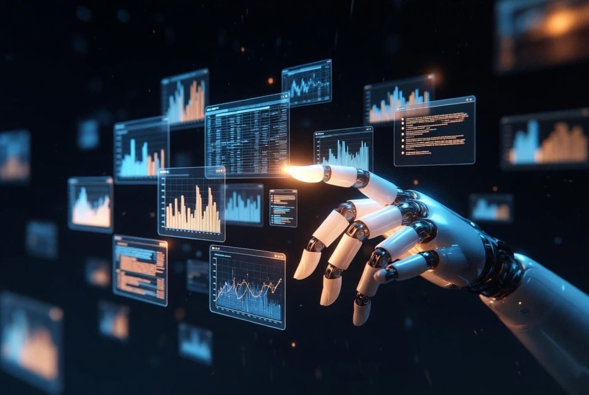 Abstract visualization of an AI agent sorting through stacks of business documents and spreadsheets