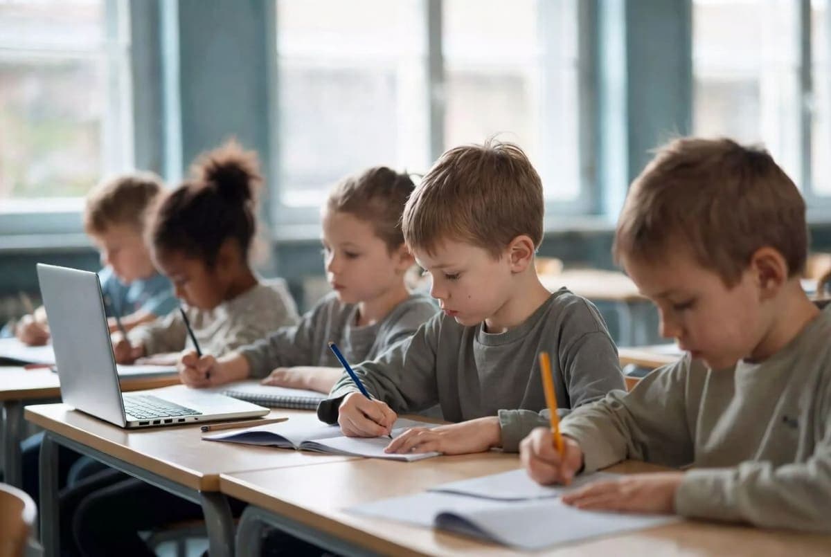 Young schoolchildren writing in paper notebooks at wooden desks in a bright Nordic classroom