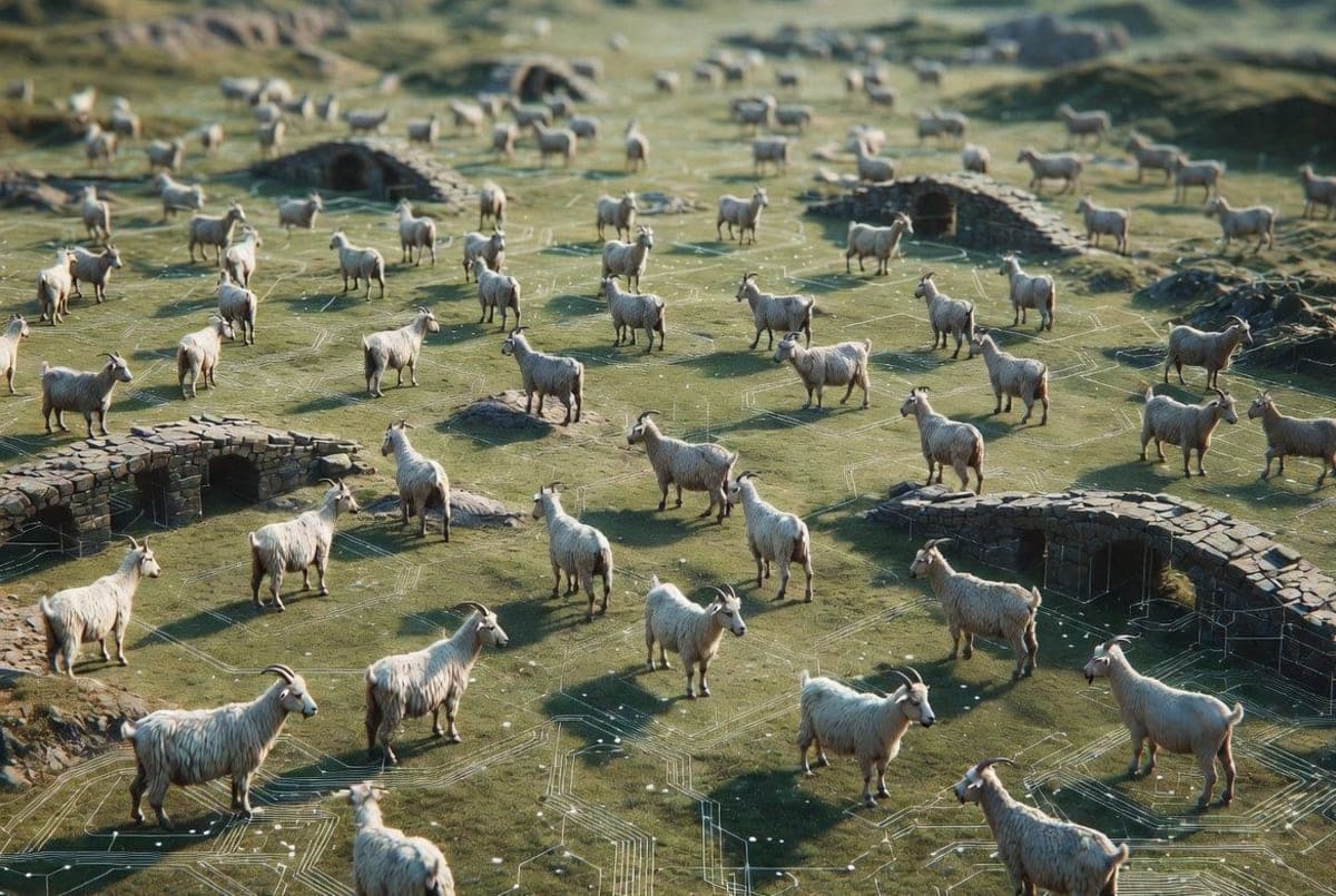 Goats positioned on a grid inside a strategy game map editor, arranged to represent binary logic gates