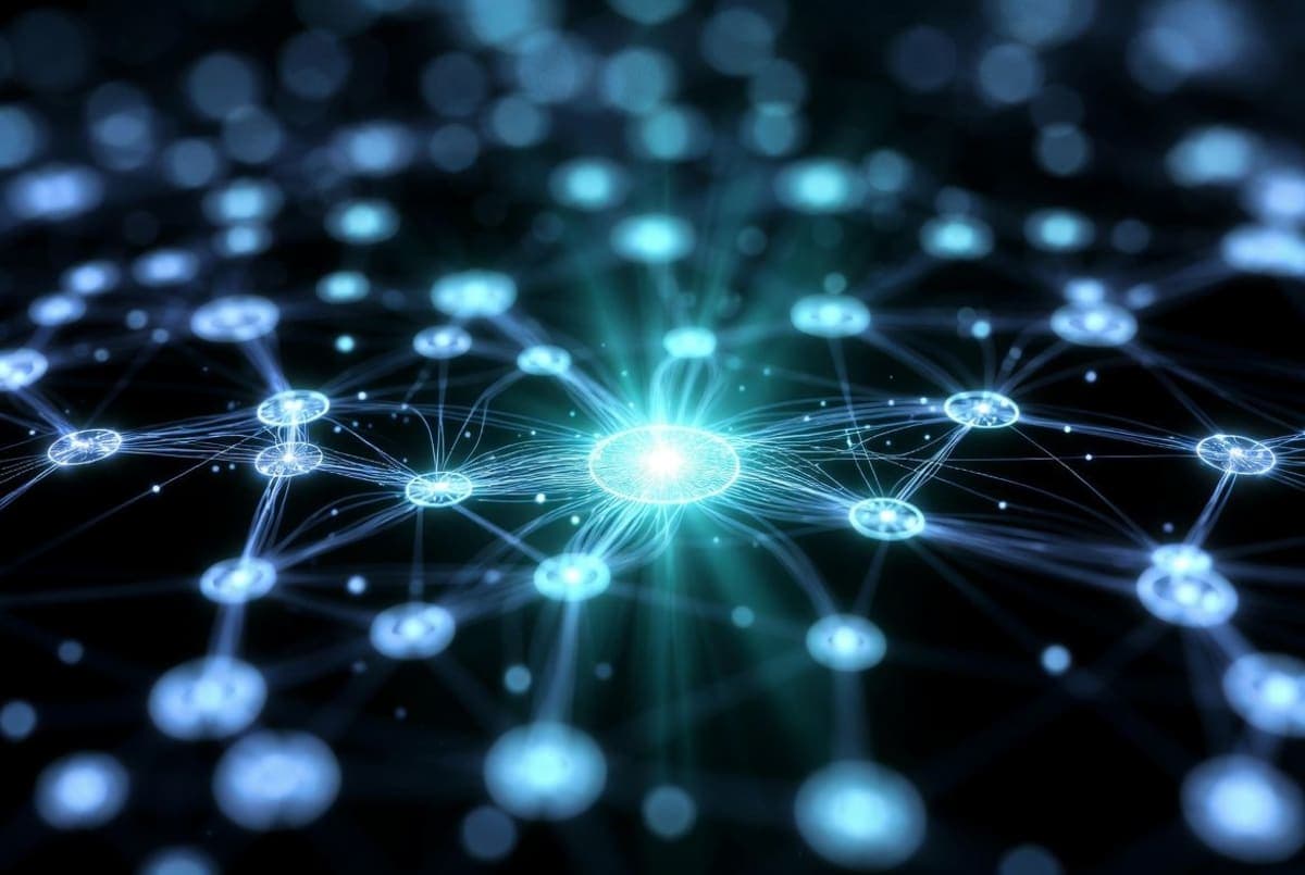 Abstract visualization of a central coordinator node routing tasks to a network of distributed AI model nodes