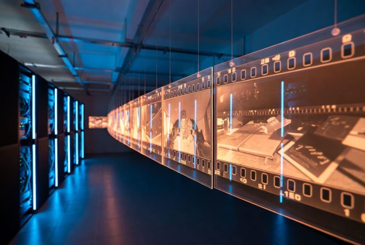 Translucent film-strip panels arranged in sequence inside a softly lit data center corridor, suggesting connected video scenes from one prompt
