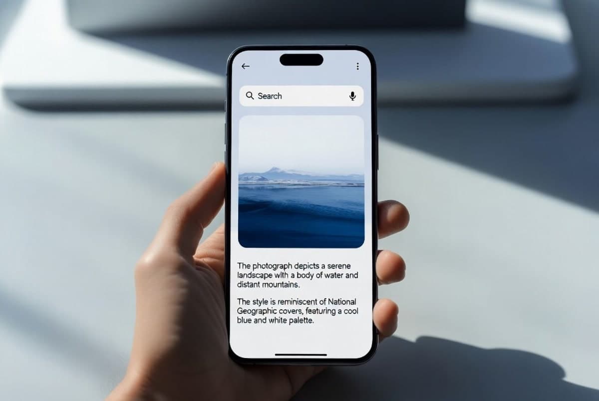 Smartphone displaying a chatbot search interface showing a photograph alongside text results