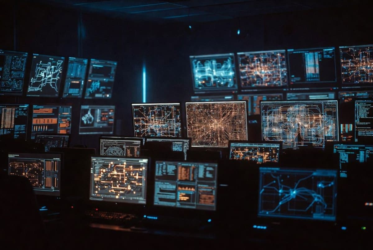 Network operations center with multiple screens displaying global threat data in a darkened room