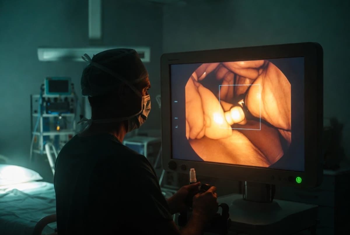 A gloved clinician monitoring a colonoscopy screen in a dim procedure room while an overlay highlights a flagged region