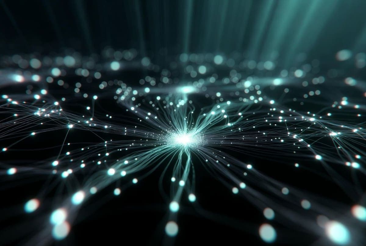 Abstract representation of a corporate alumni network connecting to a central tech hub through glowing data pathways
