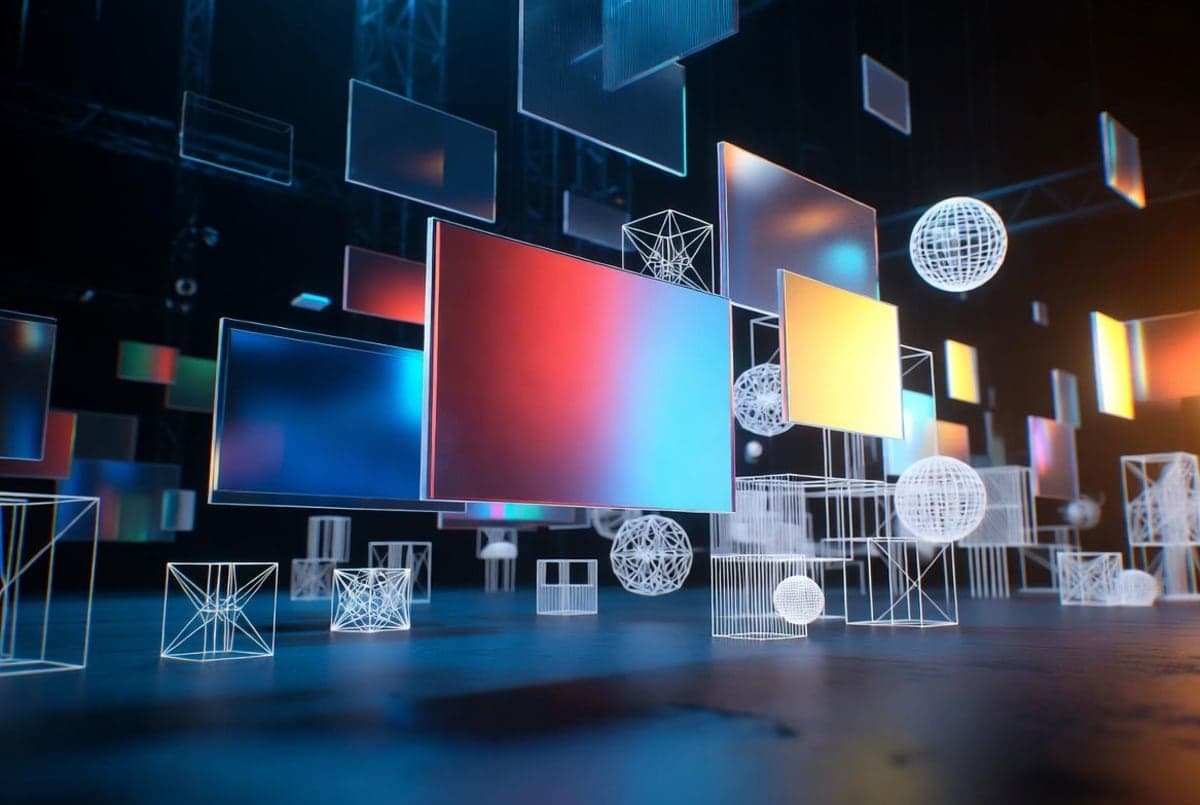 Abstract representation of an AI video generation model assembling cinematic frames from reference inputs