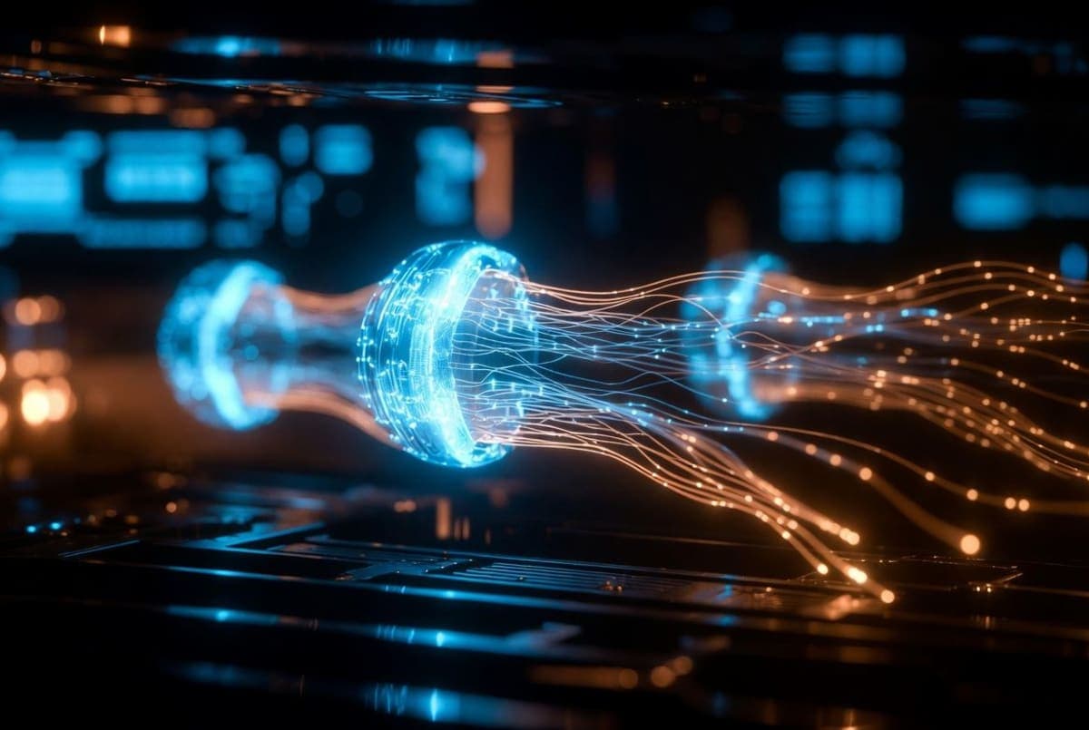 A glowing AI server data stream being siphoned through shadowy duplicate network nodes, suggesting unauthorized data extraction