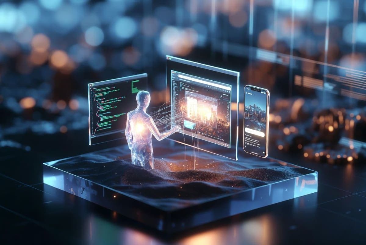 Abstract visualization of an AI agent navigating simulated digital environments across multiple screens