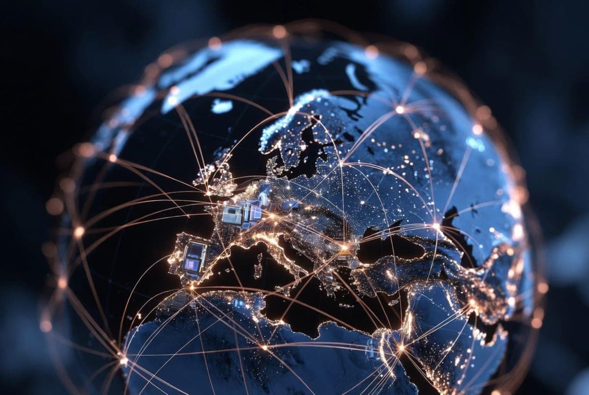Stylized world map with glowing connection lines linking semiconductor and mineral supply chain nodes across continents