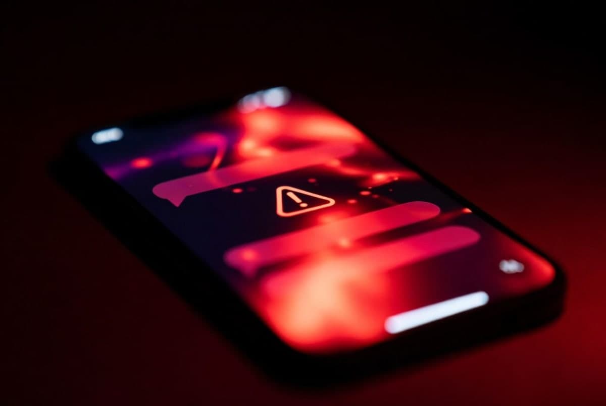 Abstract glowing chatbot interface with a warning symbol against a dark red gradient background