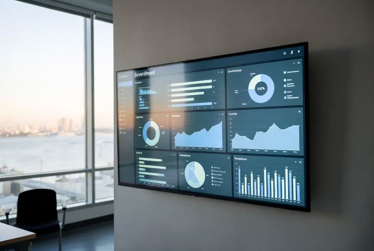 A government data dashboard on a monitor showing unemployment trend lines against a backdrop of San Francisco's skyline