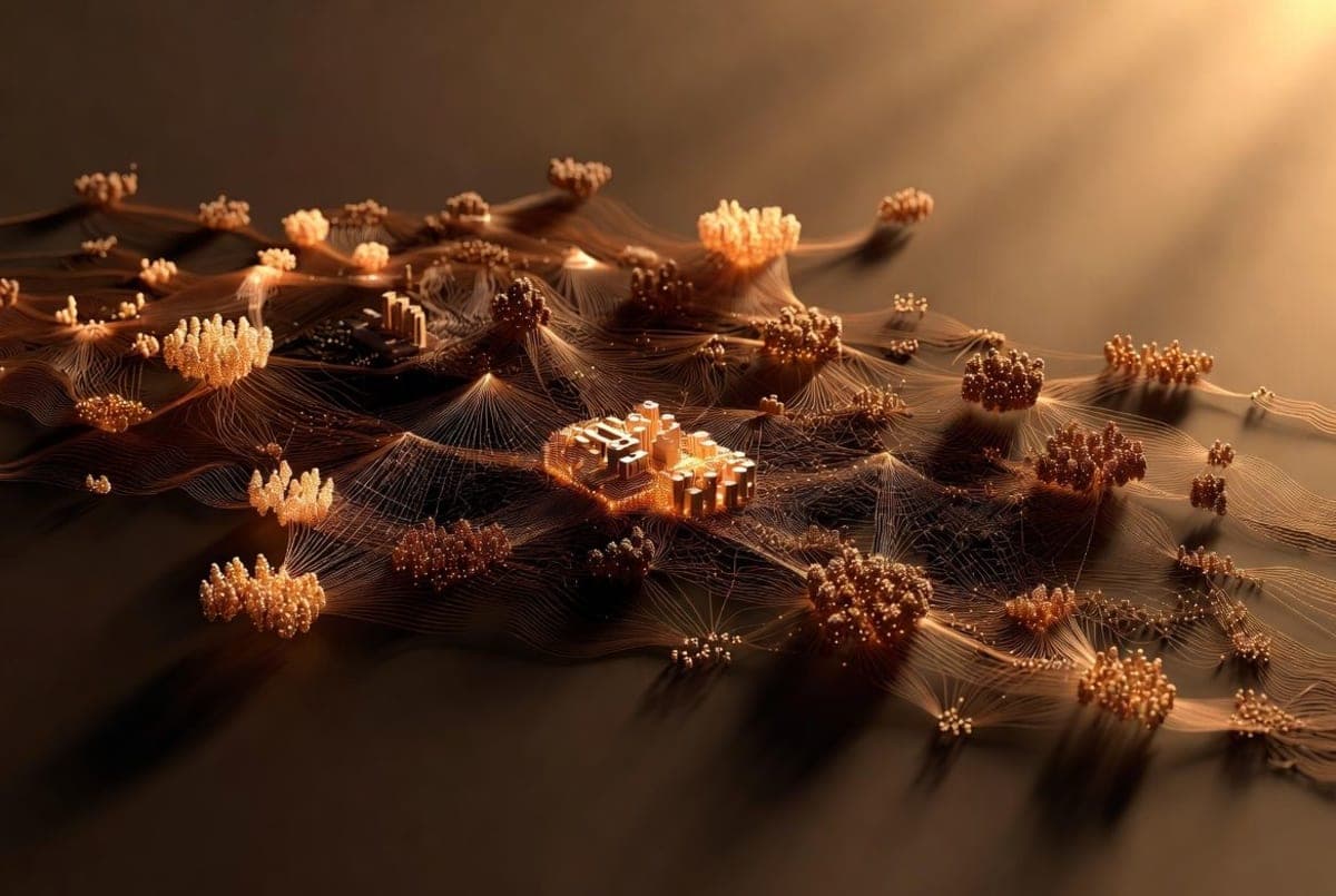 Conceptual visualization of autonomous AI agents trading goods across a coffee supply chain network