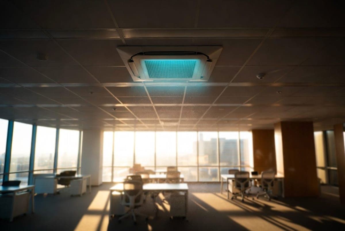 Ultraviolet air-cleaning device mounted near the ceiling of a modern open-plan office