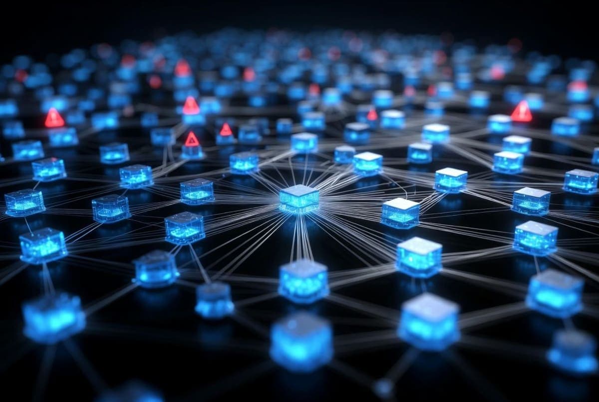 Abstract network of interconnected nodes representing open source software dependencies with several highlighted in red
