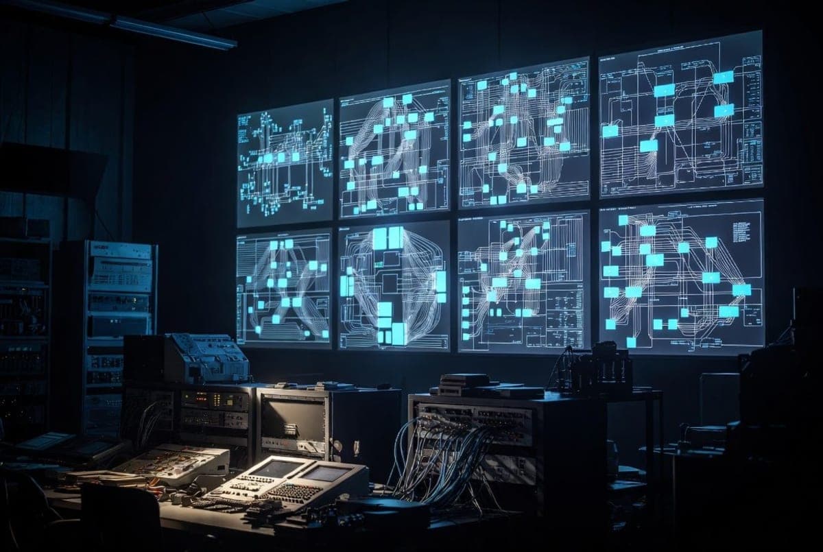 Abstract visualization of a secured AI network with restricted access nodes glowing across critical infrastructure