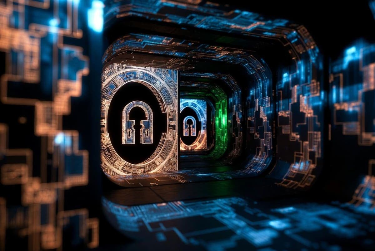Abstract representation of restricted access to an advanced AI system with selective gateways