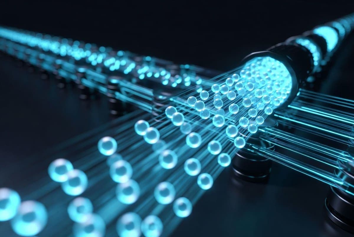 Abstract visualization of parallel token streams accelerating through a neural network pipeline