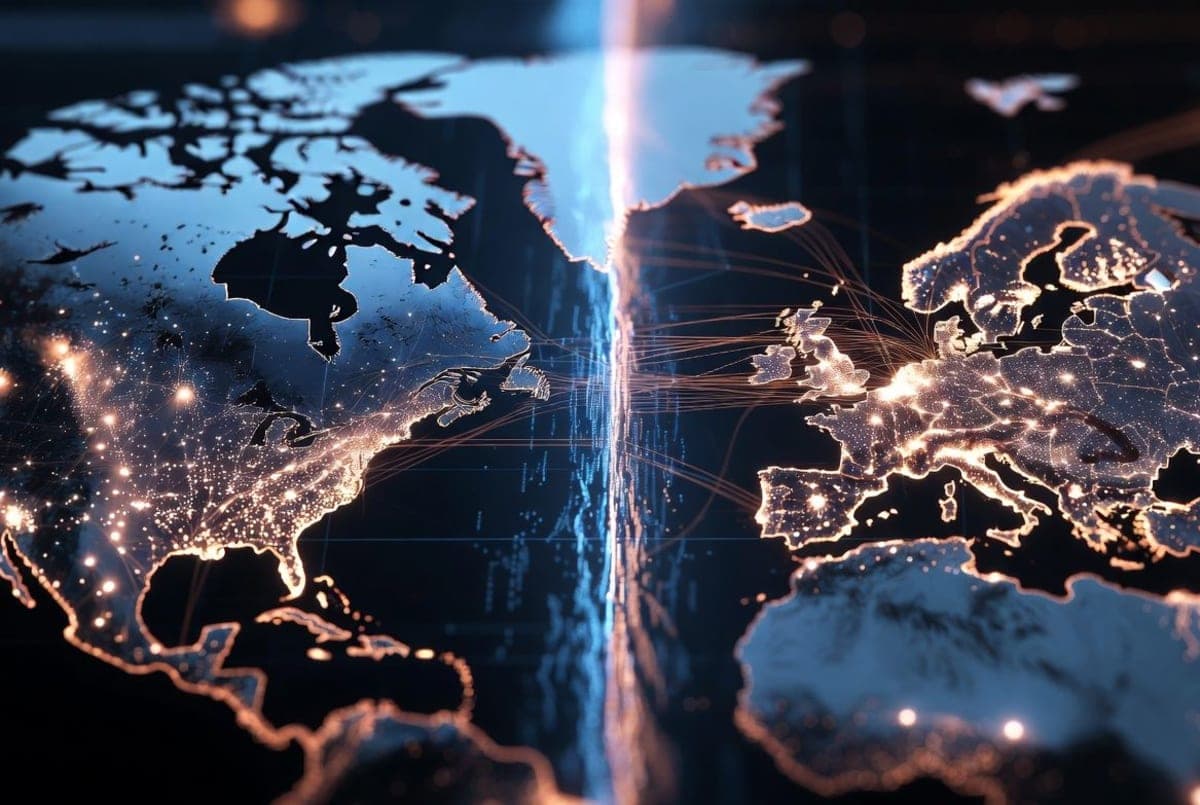 European Union and United States flags positioned on opposite sides of a digital network backdrop suggesting transatlantic tension over AI technology