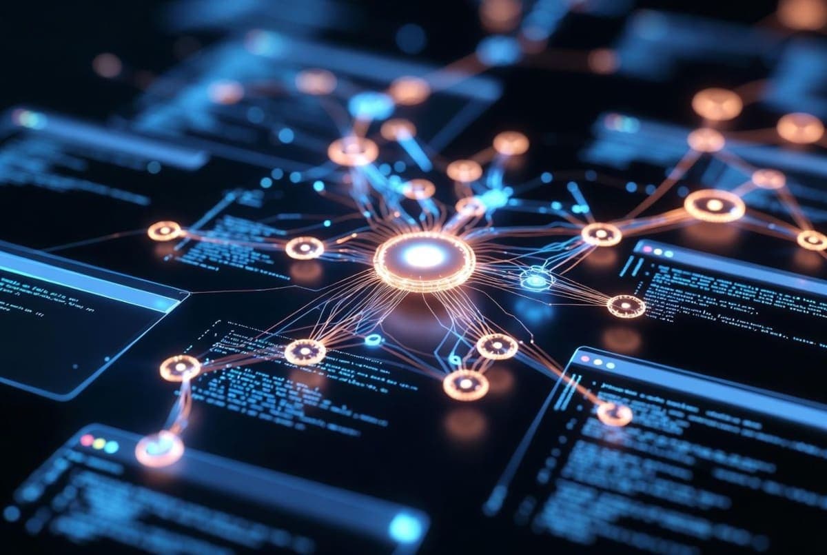 Abstract visualization of an autonomous AI agent navigating connected tools and terminals