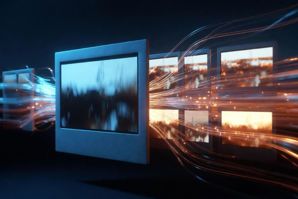 Abstract representation of AI-generated image and video pipeline with flowing visual frames