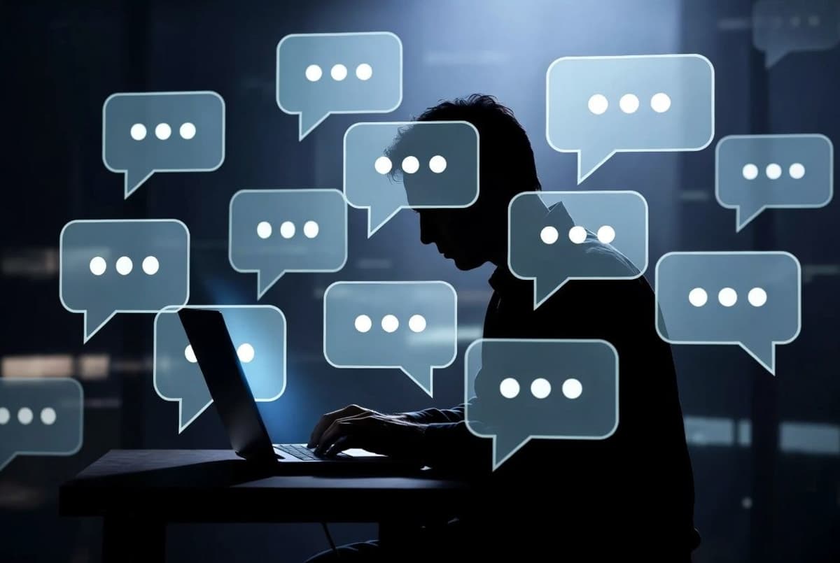 Silhouette of a person typing at a laptop surrounded by translucent chat bubble icons, evoking covert chatbot testing