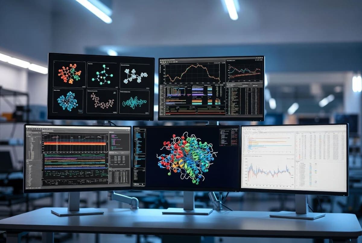 Scientist working at a computer displaying molecular structures and data visualizations in a laboratory