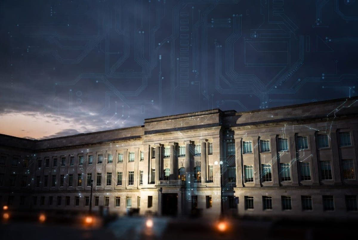 Government building facade with digital circuit patterns suggesting AI regulation and export controls