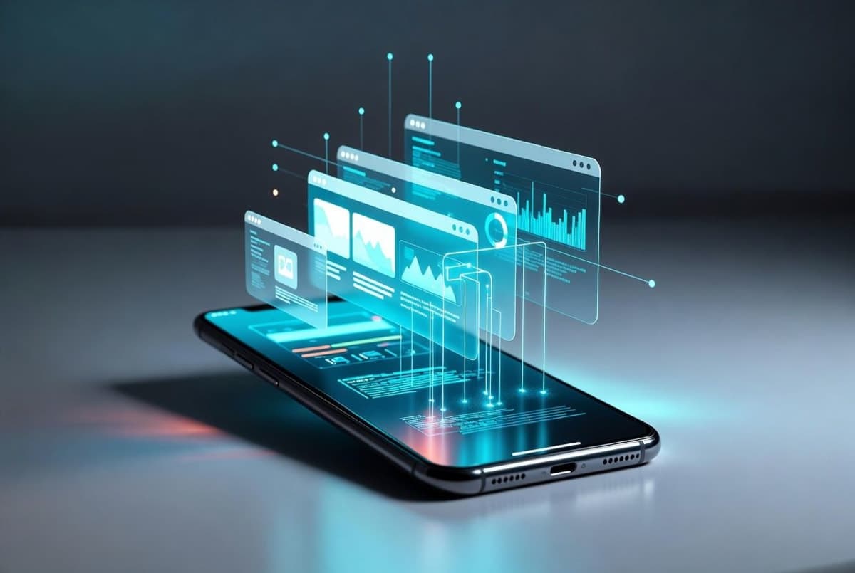 Smartphone on a desk with abstract flowing lines suggesting an autonomous agent navigating apps
