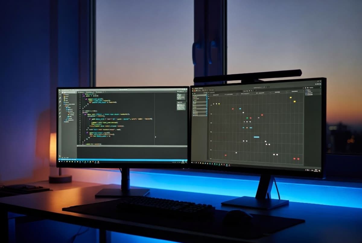 Developer workstation running an AI coding IDE with an autonomous agent planning and writing code across multiple files