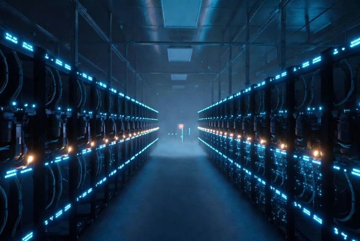 Rows of GPU servers in a data center with cooling infrastructure and status lights