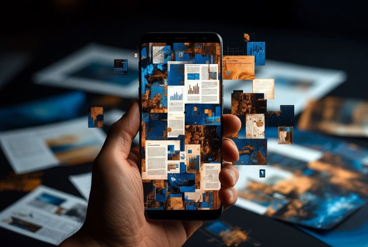 A smartphone held vertically displaying a short animated summary video generated from research documents