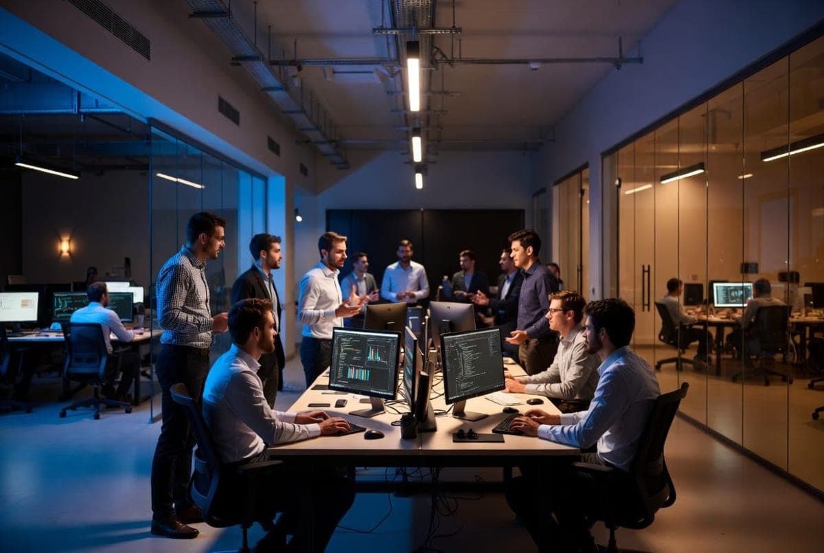 Corporate engineers collaborating with business staff around screens in a modern enterprise office